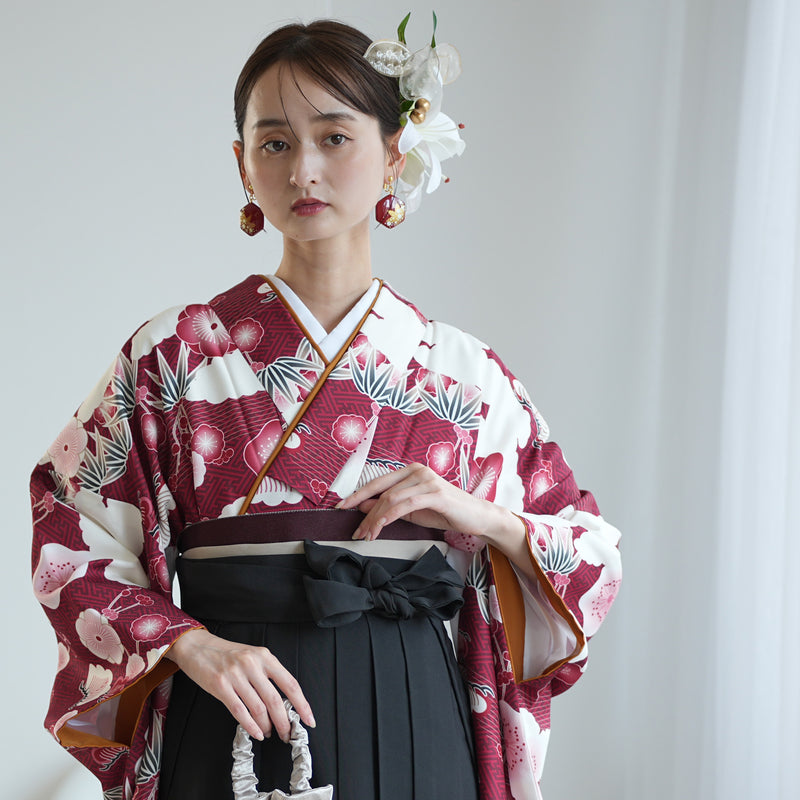 袴 2点セット 販売品 2尺袖着物  袴91cm（身長153-158cm）元禄梅模様 えんじ 重ね衿縫い付済 ひよこ商店 卒業式にも（5178725711）