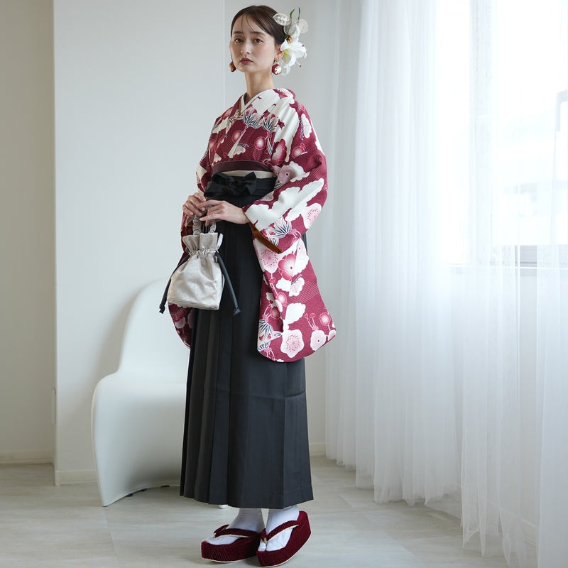 袴 2点セット 販売品 2尺袖着物  袴91cm（身長153-158cm）元禄梅模様 えんじ 重ね衿縫い付済 ひよこ商店 卒業式にも（5178725711）