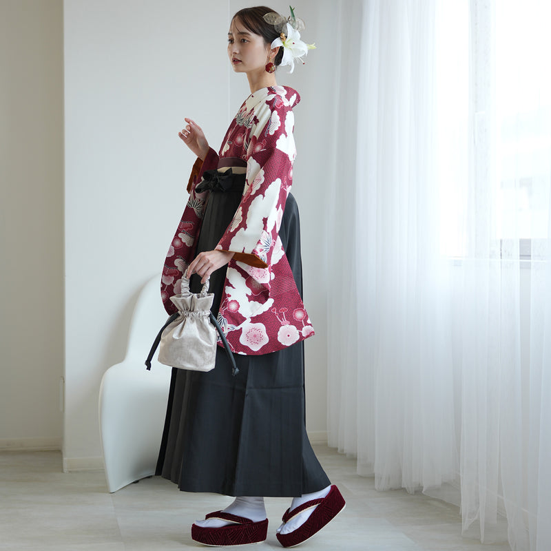 袴 2点セット 販売品 2尺袖着物  袴91cm（身長153-158cm）元禄梅模様 えんじ 重ね衿縫い付済 ひよこ商店 卒業式にも（5178725711）