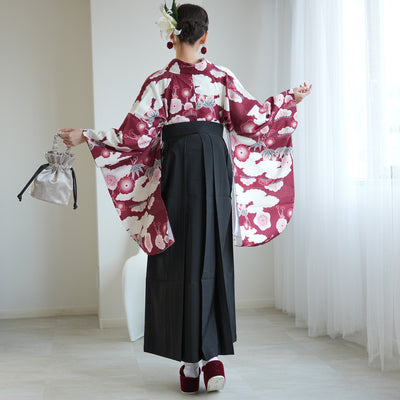 袴 2点セット 販売品 2尺袖着物  袴91cm（身長153-158cm）元禄梅模様 えんじ 重ね衿縫い付済 ひよこ商店 卒業式にも（5178725711）