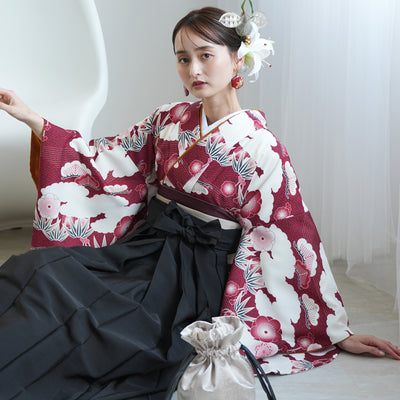 袴 2点セット 販売品 2尺袖着物  袴91cm（身長153-158cm）元禄梅模様 えんじ 重ね衿縫い付済 ひよこ商店 卒業式にも（5178725711）