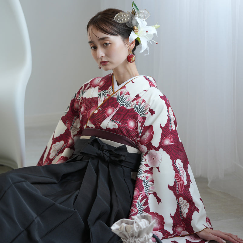 袴 2点セット 販売品 2尺袖着物  袴91cm（身長153-158cm）元禄梅模様 えんじ 重ね衿縫い付済 ひよこ商店 卒業式にも（5178725711）