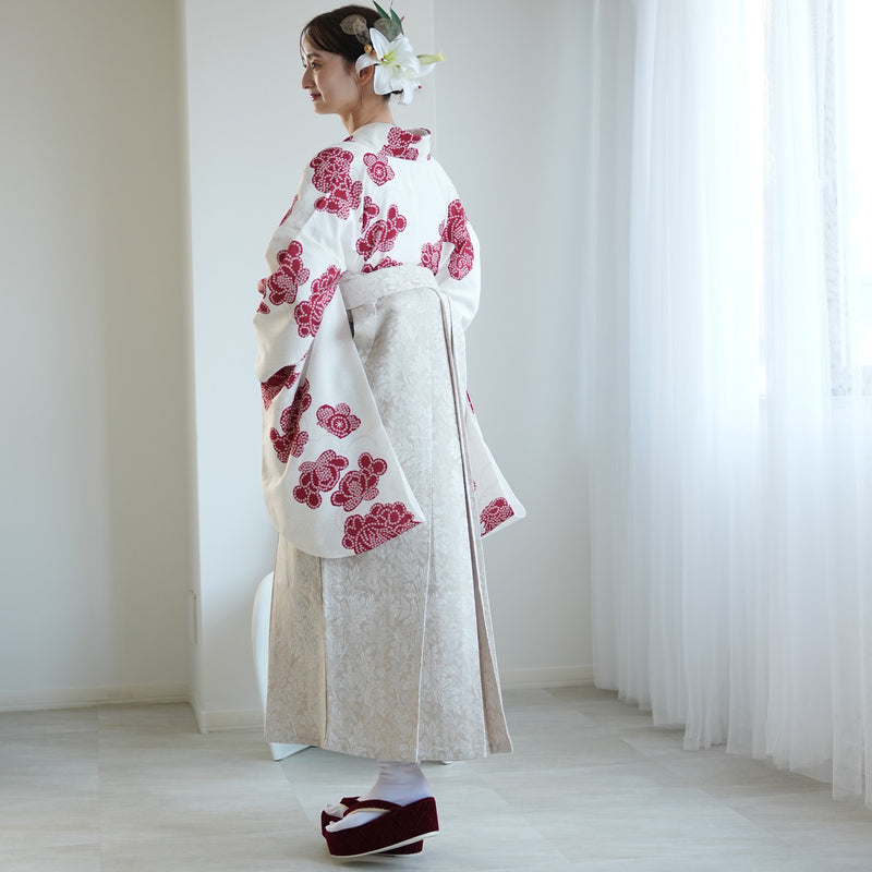 袴 2点セット 販売品 2尺袖着物  袴91cm（身長153-158cm）白百合色に絞り柄 重ね衿縫い付済 ひよこ商店 卒業式にも（5178726011）