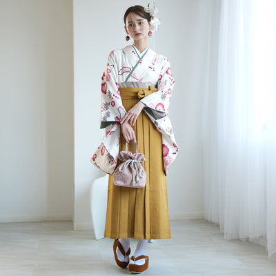 袴 2点セット 販売品 2尺袖着物  袴91cm（身長153-158cm）元禄梅模様 白 重ね衿縫い付済 ひよこ商店 卒業式にも（5178726111）