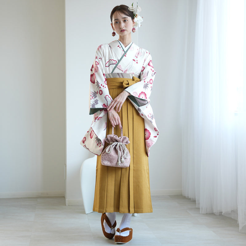 袴 2点セット 販売品 2尺袖着物  袴91cm（身長153-158cm）元禄梅模様 白 重ね衿縫い付済 ひよこ商店 卒業式にも（5178726111）