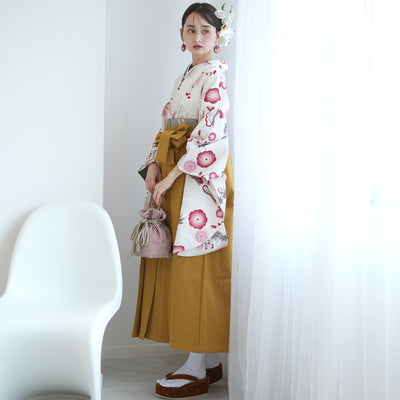 袴 2点セット 販売品 2尺袖着物  袴91cm（身長153-158cm）元禄梅模様 白 重ね衿縫い付済 ひよこ商店 卒業式にも（5178726111）