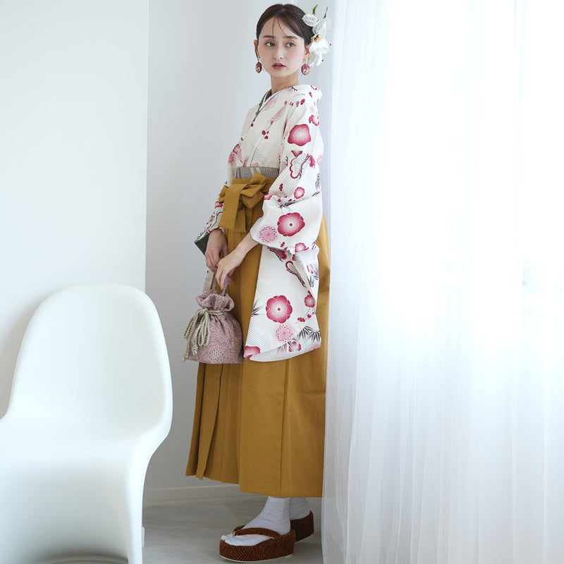 袴 2点セット 販売品 2尺袖着物  袴91cm（身長153-158cm）元禄梅模様 白 重ね衿縫い付済 ひよこ商店 卒業式にも（5178726111）