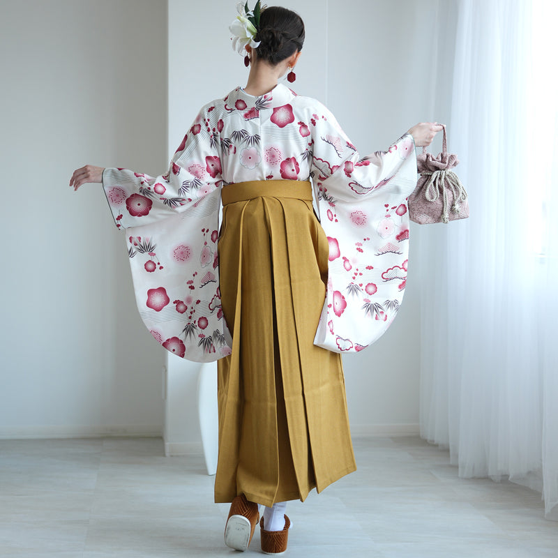 袴 2点セット 販売品 2尺袖着物  袴91cm（身長153-158cm）元禄梅模様 白 重ね衿縫い付済 ひよこ商店 卒業式にも（5178726111）