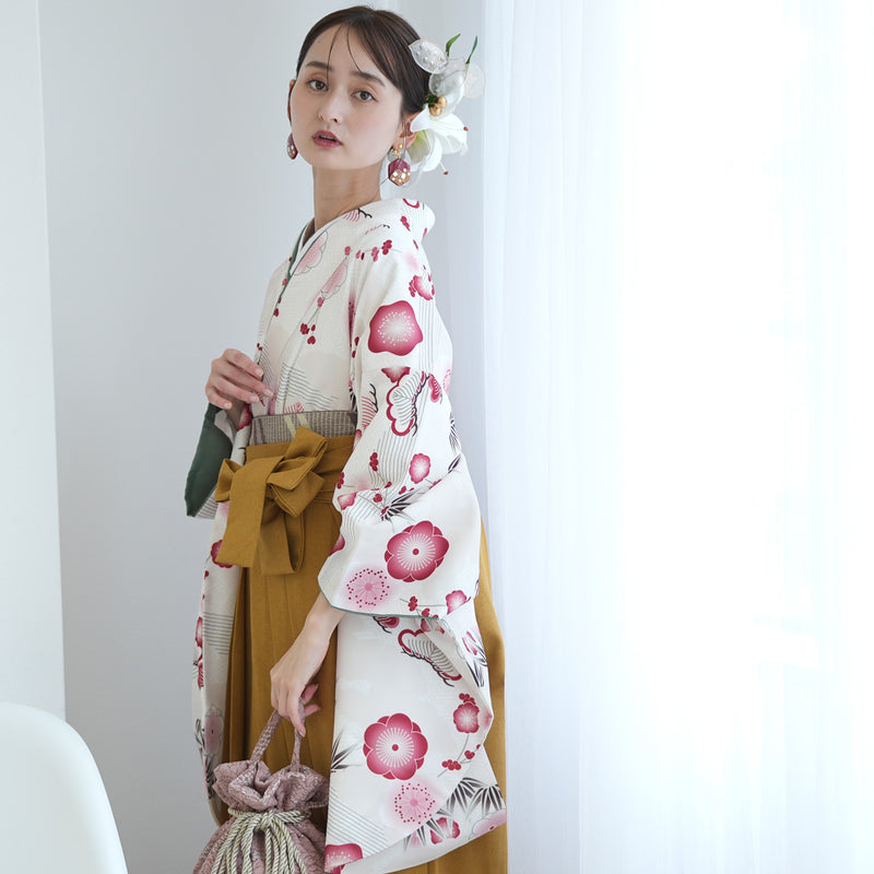 袴 2点セット 販売品 2尺袖着物  袴91cm（身長153-158cm）元禄梅模様 白 重ね衿縫い付済 ひよこ商店 卒業式にも（5178726111）