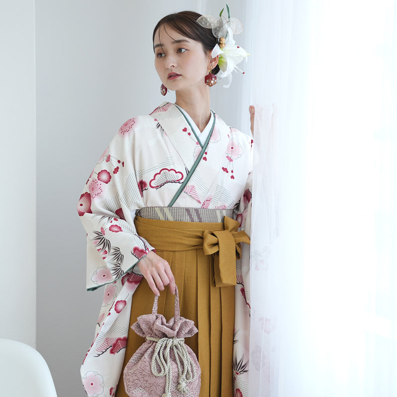 袴 2点セット 販売品 2尺袖着物  袴91cm（身長153-158cm）元禄梅模様 白 重ね衿縫い付済 ひよこ商店 卒業式にも（5178726111）