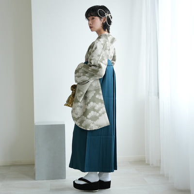 袴 2点セット 販売品 2尺袖着物  袴91cm（身長153-158cm）モスグリーン松文様 重ね衿縫い付済 ひよこ商店 卒業式にも（5178726211）