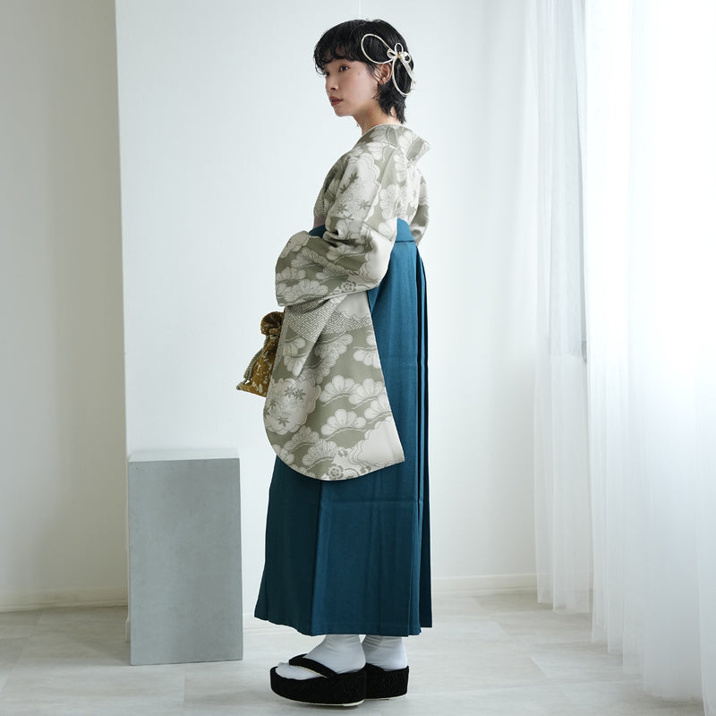 袴 2点セット 販売品 2尺袖着物  袴91cm（身長153-158cm）モスグリーン松文様 重ね衿縫い付済 ひよこ商店 卒業式にも（5178726211）