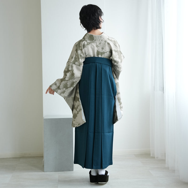 袴 2点セット 販売品 2尺袖着物  袴91cm（身長153-158cm）モスグリーン松文様 重ね衿縫い付済 ひよこ商店 卒業式にも（5178726211）