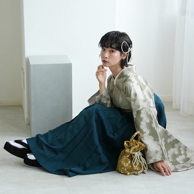 袴 2点セット 販売品 2尺袖着物  袴91cm（身長153-158cm）モスグリーン松文様 重ね衿縫い付済 ひよこ商店 卒業式にも（5178726211）