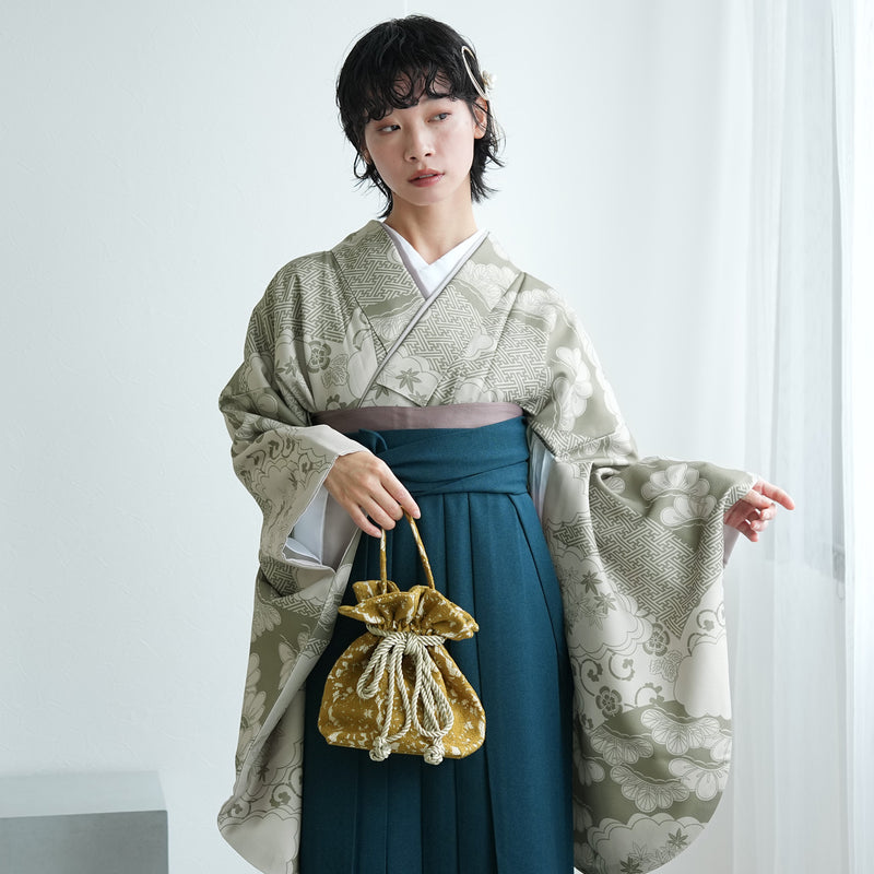 袴 2点セット 販売品 2尺袖着物  袴91cm（身長153-158cm）モスグリーン松文様 重ね衿縫い付済 ひよこ商店 卒業式にも（5178726211）