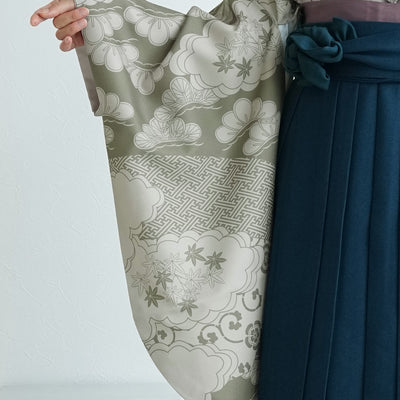 袴 2点セット 販売品 2尺袖着物  袴91cm（身長153-158cm）モスグリーン松文様 重ね衿縫い付済 ひよこ商店 卒業式にも（5178726211）