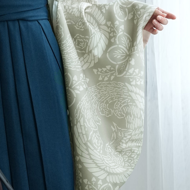 袴 2点セット 販売品 2尺袖着物  袴91cm（身長153-158cm）灰緑鳳凰 重ね衿縫い付済 ひよこ商店 卒業式にも（5178726311）