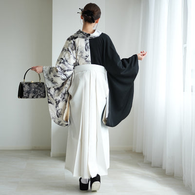 袴 2点セット 販売品 2尺袖着物  袴91cm（身長153-158cm）半身 白地に黒煙×ブラック アシンメトリー 重ね衿縫い付済  卒業式にも（5178727611）