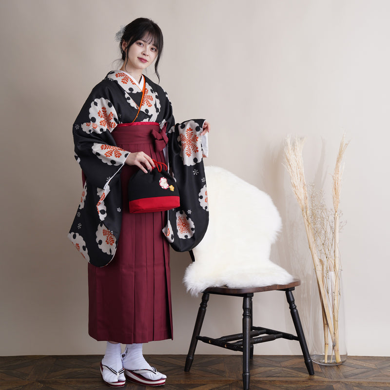 【リサイクル着物】 2尺袖着物 袴 2点セット 販売品 中古 USED 雪輪 袴91cm（身長153-158cm）卒業式 大学生 （5182612711）【中古販売】