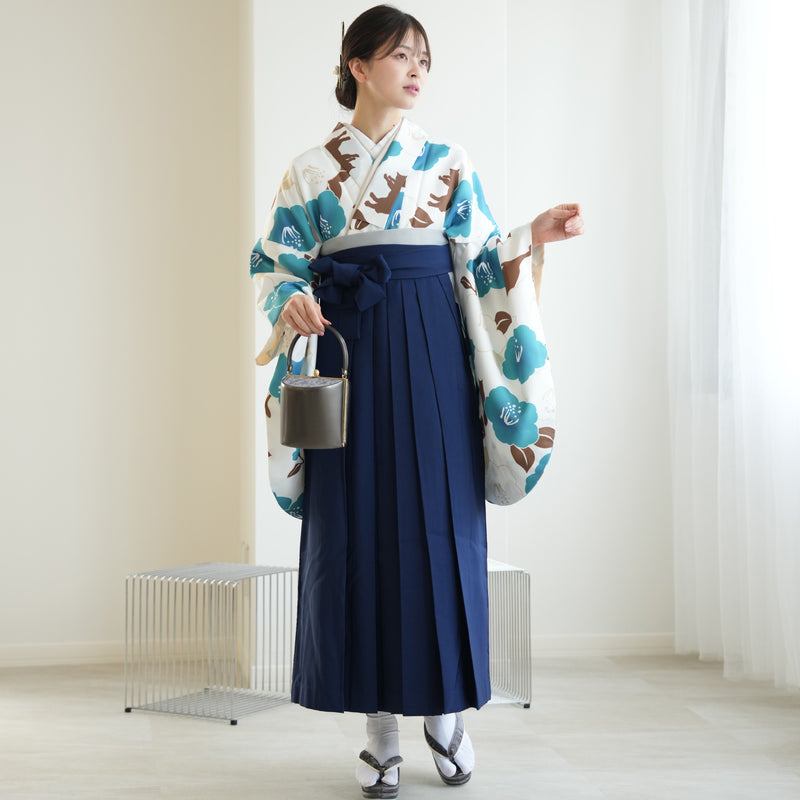 【リサイクル着物】 2尺袖着物 袴 2点セット 販売品 中古 USED 椿 猫 袴91cm（身長153-158cm）卒業式 大学生 ニコアンティーク（5182627711）【中古販売】