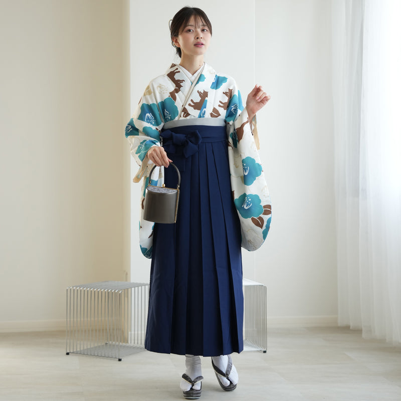 【リサイクル着物】 2尺袖着物 袴 2点セット 販売品 中古 USED 椿 猫 袴91cm（身長153-158cm）卒業式 大学生 ニコアンティーク（5182627711）【中古販売】