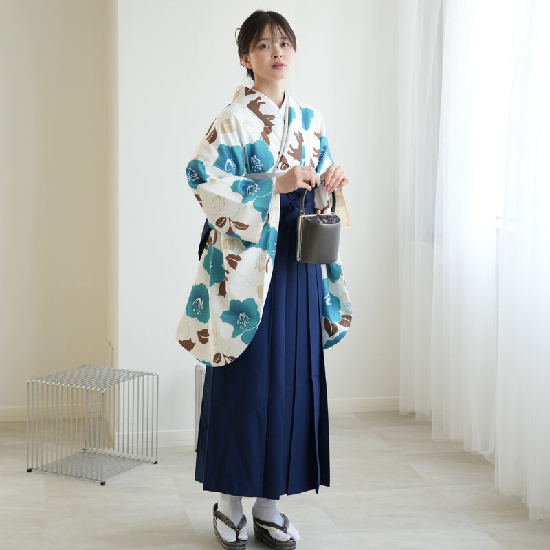 【リサイクル着物】 2尺袖着物 袴 2点セット 販売品 中古 USED 椿 猫 袴91cm（身長153-158cm）卒業式 大学生 ニコアンティーク（5182627711）【中古販売】