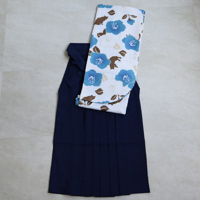 【リサイクル着物】 2尺袖着物 袴 2点セット 販売品 中古 USED 椿 猫 袴91cm（身長153-158cm）卒業式 大学生 ニコアンティーク（5182627711）【中古販売】