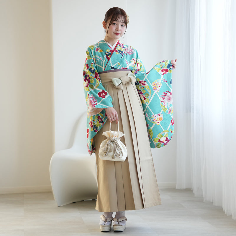 【リサイクル着物】 2尺袖着物 袴 2点セット 販売品 中古 USED 菊 格子 袴91-95cm（身長153-163cm）卒業式 大学生 ひよこ商店（5182651001）【中古販売】