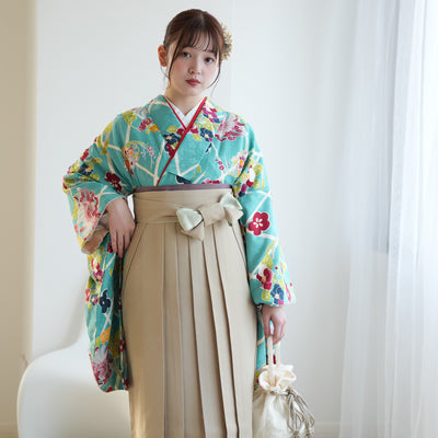 【リサイクル着物】 2尺袖着物 袴 2点セット 販売品 中古 USED 菊 格子 袴91-95cm（身長153-163cm）卒業式 大学生 ひよこ商店（5182651001）【中古販売】