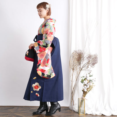 【リサイクル着物】 2尺袖着物 袴 2点セット 販売品 中古 USED 菊 雪輪 袴91cm（身長153-158cm）卒業式 大学生 ひよこ商店（5182660111）【中古販売】