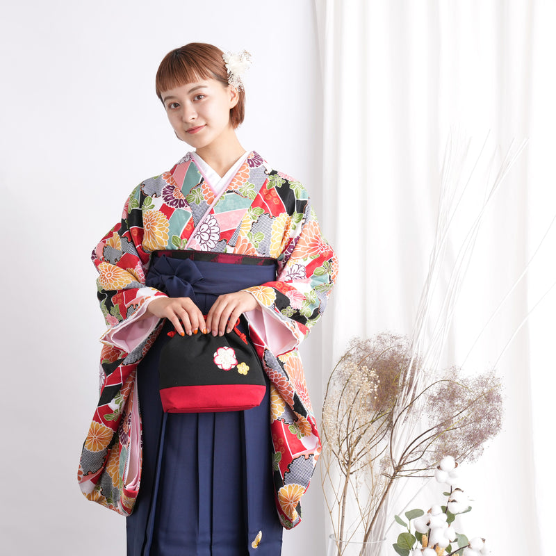 【リサイクル着物】 2尺袖着物 袴 2点セット 販売品 中古 USED 菊 雪輪 袴91cm（身長153-158cm）卒業式 大学生 ひよこ商店（5182660111）【中古販売】
