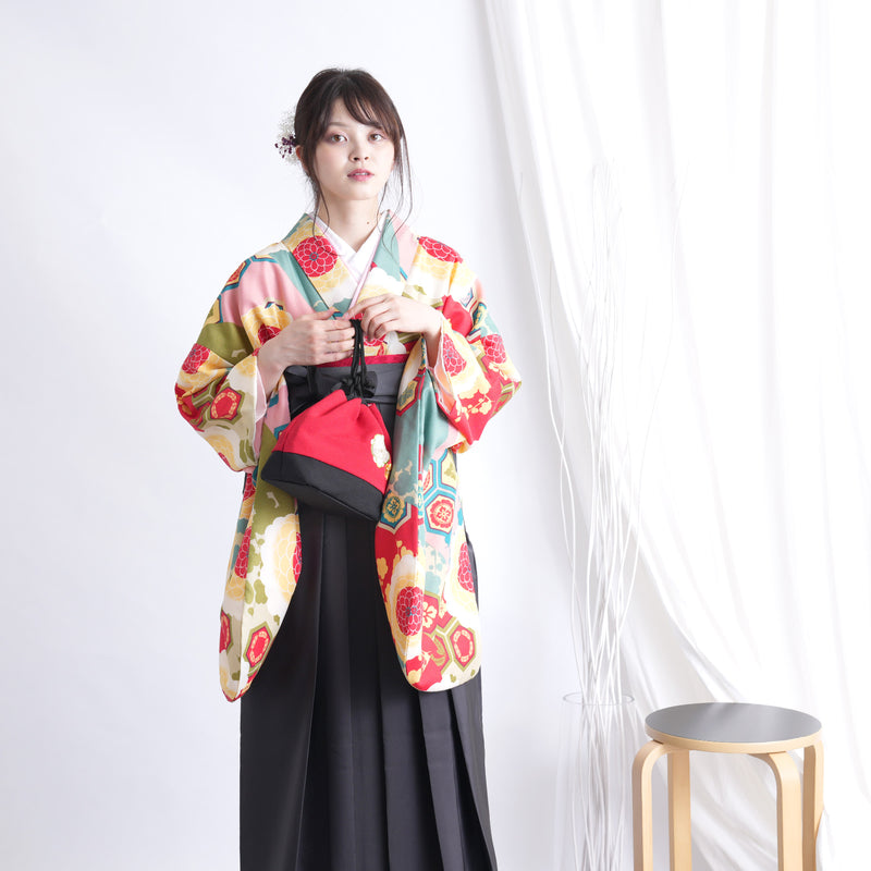 【リサイクル着物】 2尺袖着物 袴 2点セット 販売品 中古 USED 菊 亀甲 袴91cm（身長153-158cm）卒業式 大学生 ひよこ商店（5182665311）【中古販売】