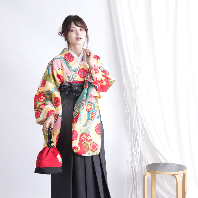 【リサイクル着物】 2尺袖着物 袴 2点セット 販売品 中古 USED 菊 亀甲 袴91cm（身長153-158cm）卒業式 大学生 ひよこ商店（5182665311）【中古販売】