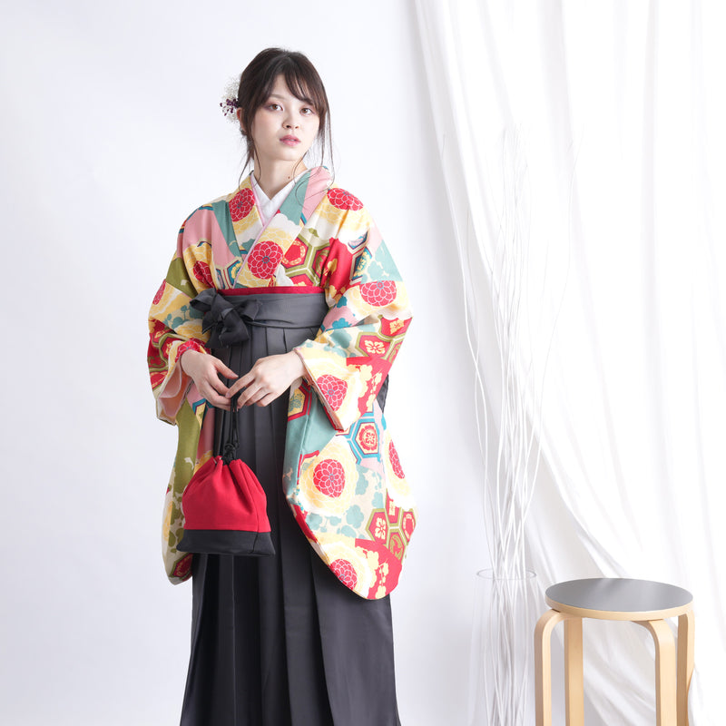 【リサイクル着物】 2尺袖着物 袴 2点セット 販売品 中古 USED 菊 亀甲 袴91cm（身長153-158cm）卒業式 大学生 ひよこ商店（5182665311）【中古販売】