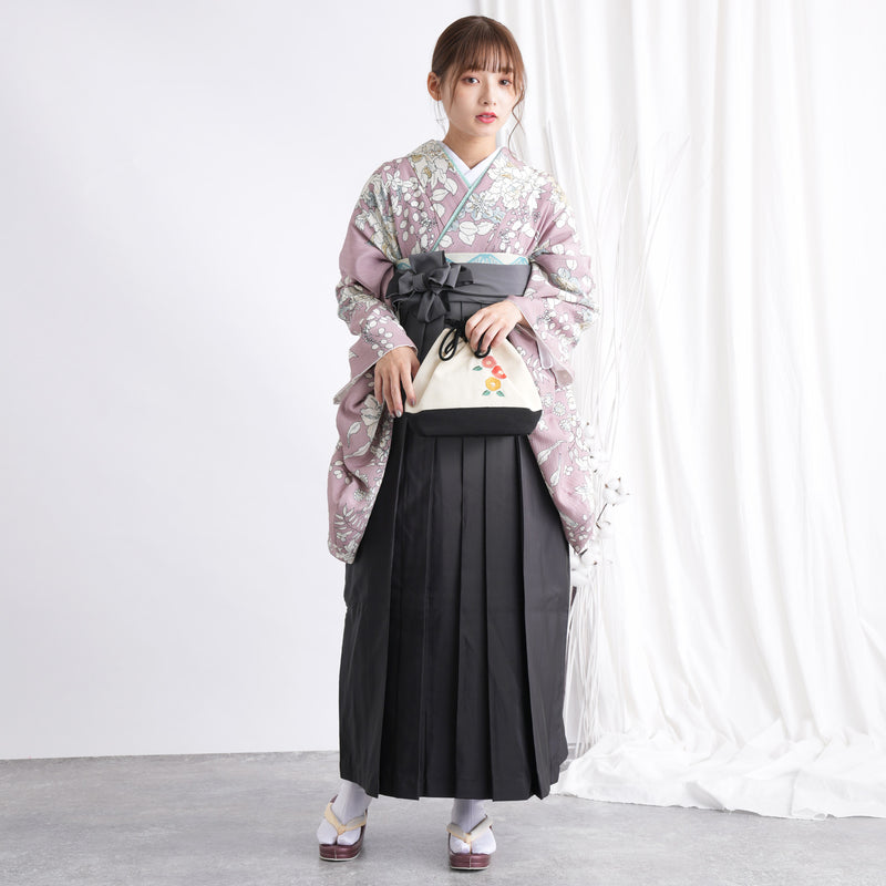 【リサイクル着物】 2尺袖着物 袴 2点セット 販売品 中古 USED くすみピンク 花 袴91cm（身長153-158cm）卒業式 大学生 （5182668211）【中古販売】