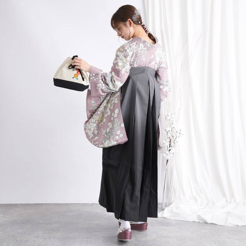 【リサイクル着物】 2尺袖着物 袴 2点セット 販売品 中古 USED くすみピンク 花 袴91cm（身長153-158cm）卒業式 大学生 （5182668211）【中古販売】