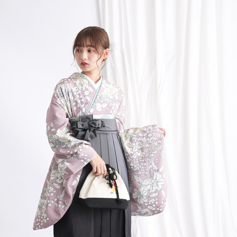 【リサイクル着物】 2尺袖着物 袴 2点セット 販売品 中古 USED くすみピンク 花 袴91cm（身長153-158cm）卒業式 大学生 （5182668211）【中古販売】