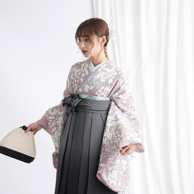 【リサイクル着物】 2尺袖着物 袴 2点セット 販売品 中古 USED くすみピンク 花 袴91cm（身長153-158cm）卒業式 大学生 （5182668211）【中古販売】