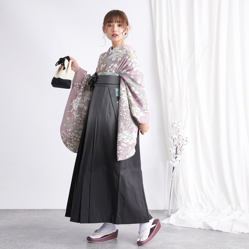 【リサイクル着物】 2尺袖着物 袴 2点セット 販売品 中古 USED くすみピンク 花 袴91cm（身長153-158cm）卒業式 大学生 （5182668211）【中古販売】