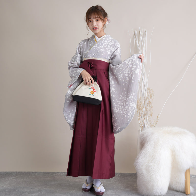 【リサイクル着物】 2尺袖着物 袴 2点セット 販売品 中古 USED グレー 小花 袴91cm（身長153-158cm）卒業式 大学生 （5182669011）【中古販売】