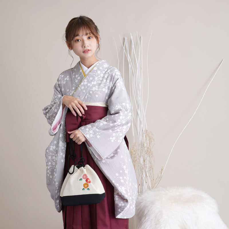 【リサイクル着物】 2尺袖着物 袴 2点セット 販売品 中古 USED グレー 小花 袴91cm（身長153-158cm）卒業式 大学生 （5182669011）【中古販売】