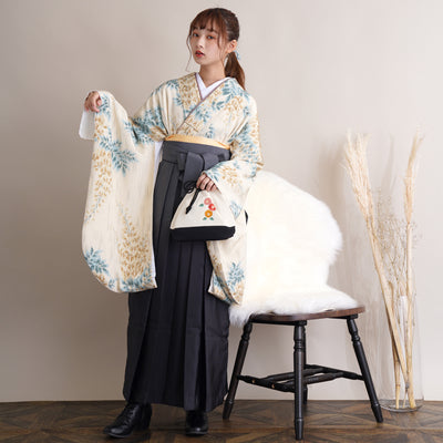 【リサイクル着物】 2尺袖着物 袴 2点セット 販売品 中古 USED 黄色系 藤 袴91cm（身長153-158cm）卒業式 大学生 （5182669911）【中古販売】