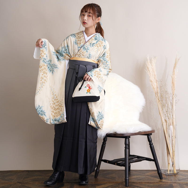 【リサイクル着物】 2尺袖着物 袴 2点セット 販売品 中古 USED 黄色系 藤 袴91cm（身長153-158cm）卒業式 大学生 （5182669911）【中古販売】