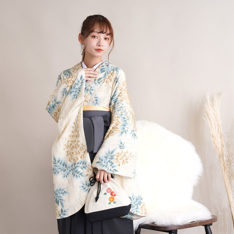 【リサイクル着物】 2尺袖着物 袴 2点セット 販売品 中古 USED 黄色系 藤 袴91cm（身長153-158cm）卒業式 大学生 （5182669911）【中古販売】