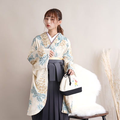 【リサイクル着物】 2尺袖着物 袴 2点セット 販売品 中古 USED 黄色系 藤 袴91cm（身長153-158cm）卒業式 大学生 （5182669911）【中古販売】