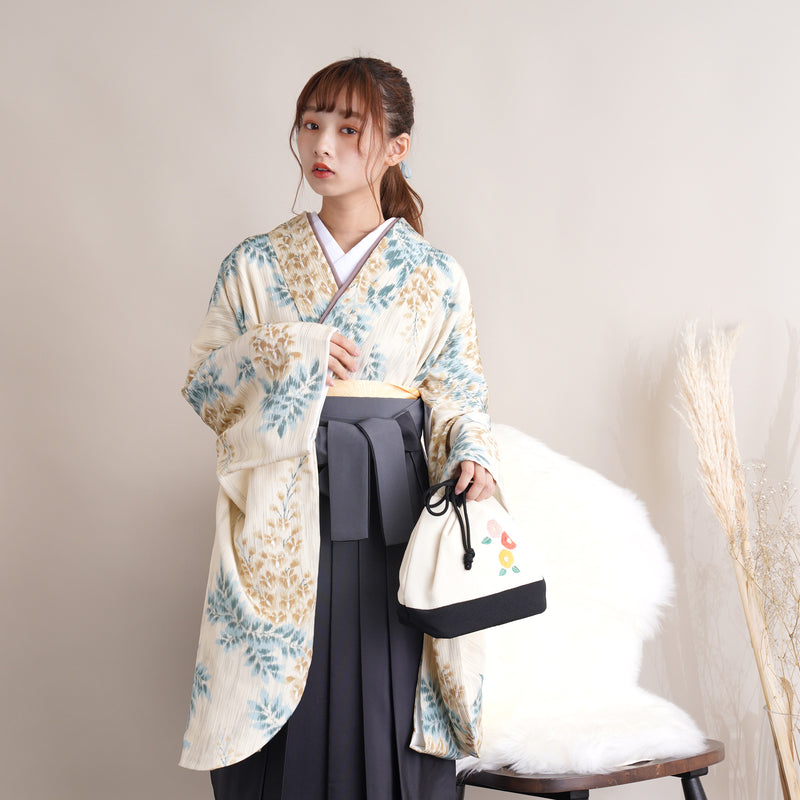 【リサイクル着物】 2尺袖着物 袴 2点セット 販売品 中古 USED 黄色系 藤 袴91cm（身長153-158cm）卒業式 大学生 （5182669911）【中古販売】