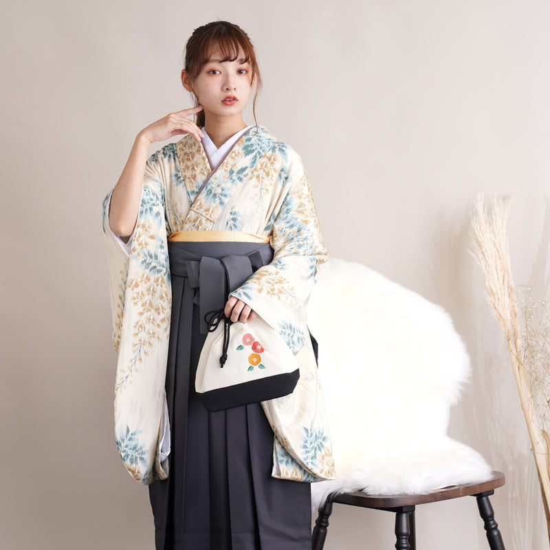 【リサイクル着物】 2尺袖着物 袴 2点セット 販売品 中古 USED 黄色系 藤 袴91cm（身長153-158cm）卒業式 大学生 （5182669911）【中古販売】