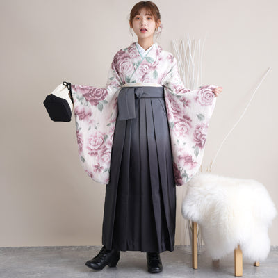 【リサイクル着物】 2尺袖着物 袴 2点セット 販売品 中古 USED くすみピンク バラ 袴91cm（身長153-158cm）卒業式 大学生 （5182670211）【中古販売】