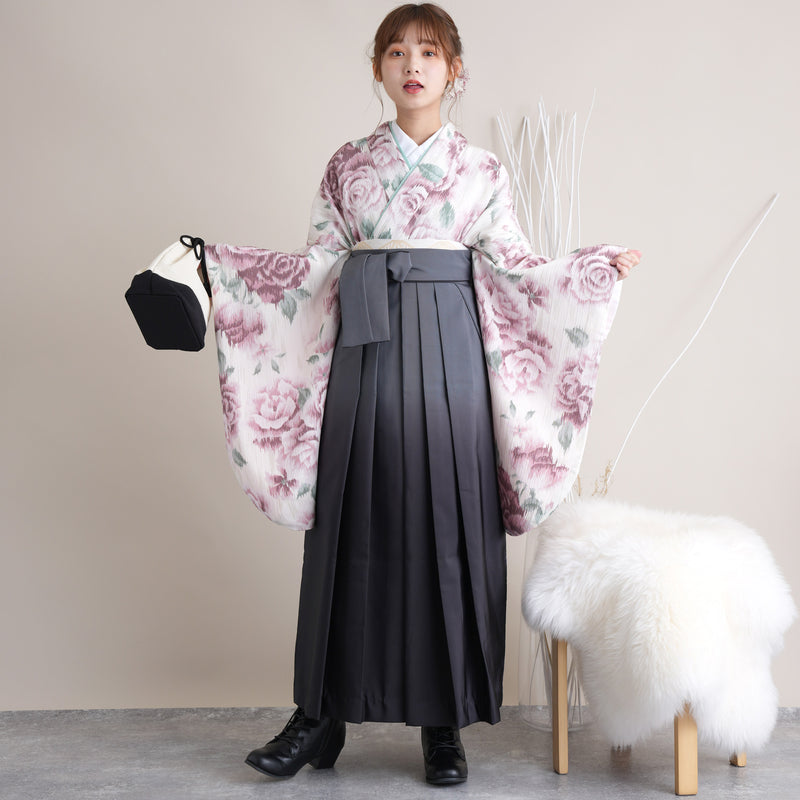 【リサイクル着物】 2尺袖着物 袴 2点セット 販売品 中古 USED くすみピンク バラ 袴91cm（身長153-158cm）卒業式 大学生 （5182670211）【中古販売】
