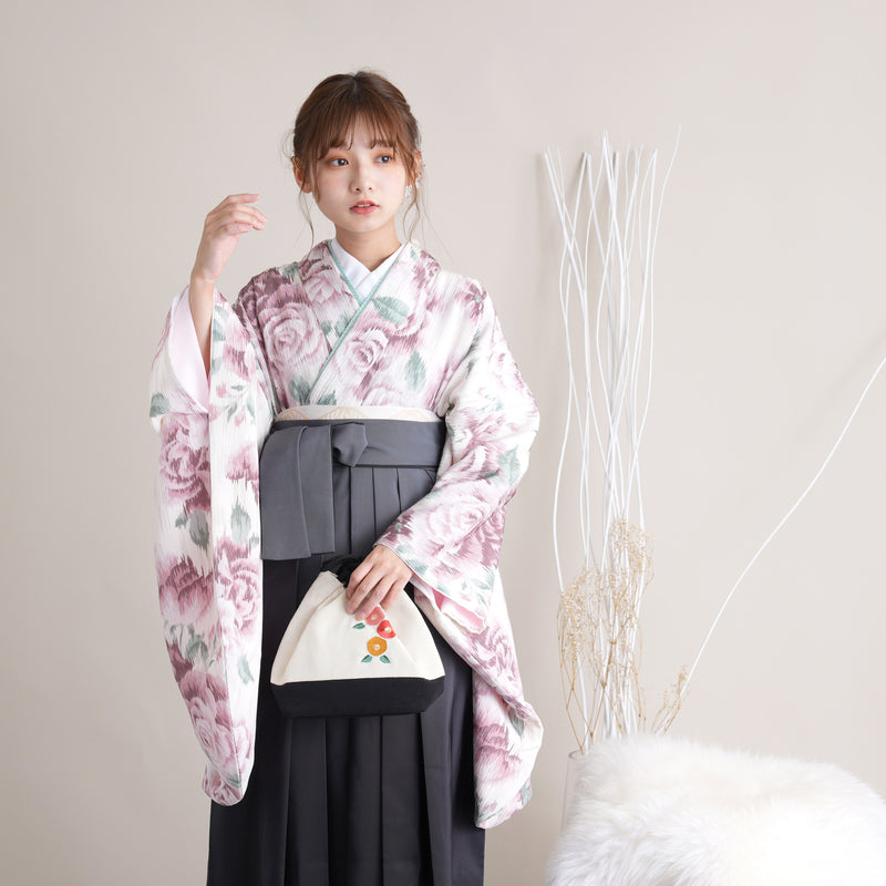 【リサイクル着物】 2尺袖着物 袴 2点セット 販売品 中古 USED くすみピンク バラ 袴91cm（身長153-158cm）卒業式 大学生 （5182670211）【中古販売】